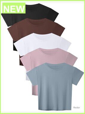 5 Pack Loose Fit Crop Top Short Sleeve Crew Neck T Shirts Workout Athletic Yoga
